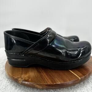 Dansko Clog Womens EU 38‎ 7.5 Black Iridescent Petrol Shiny Leather Shoe Comfort